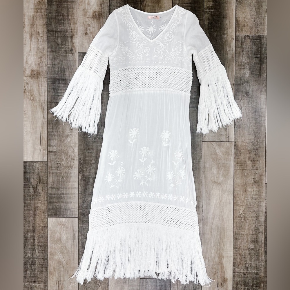 White fringe sheer kimono maxi dress